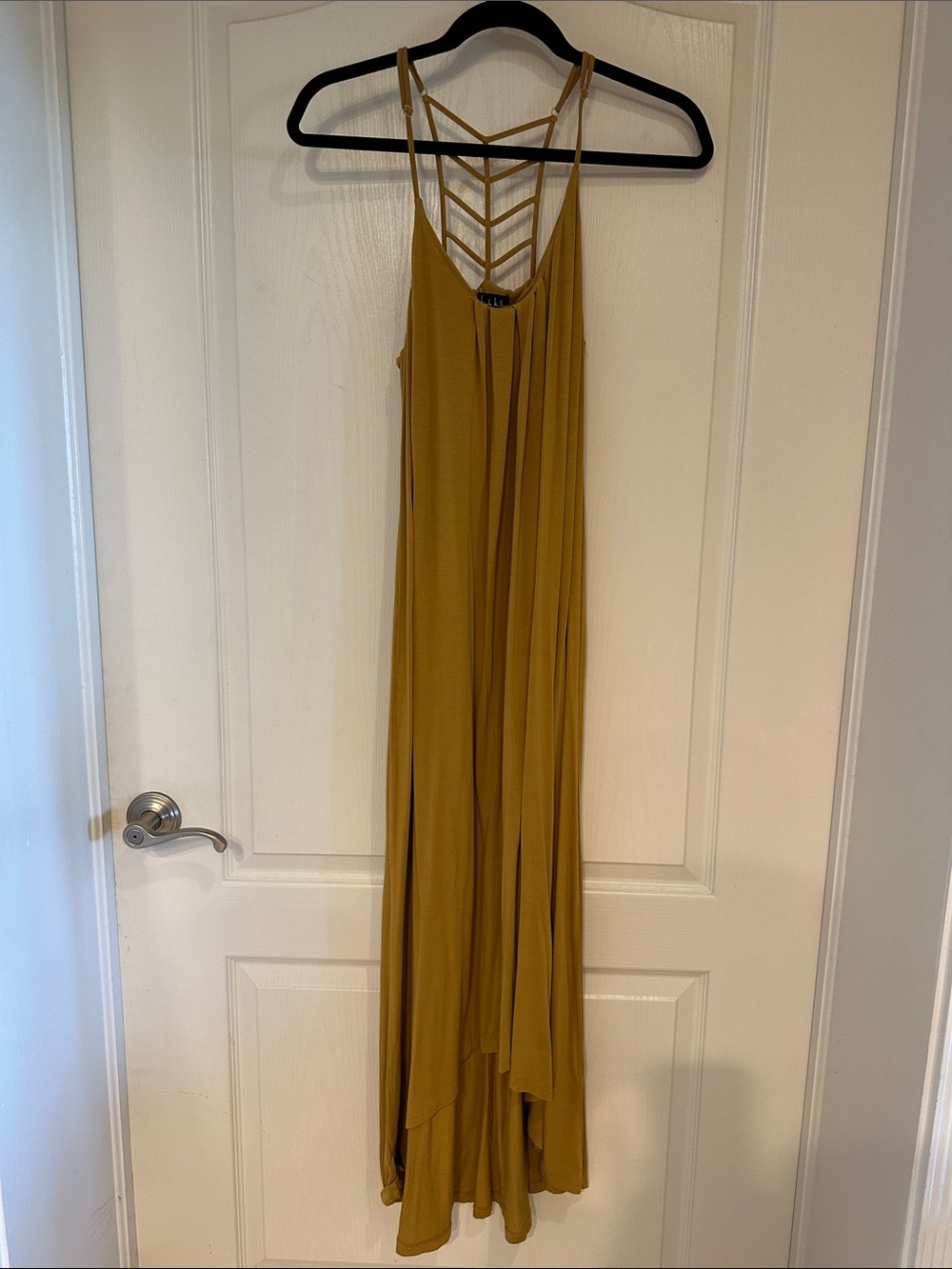 Nicole Miller Mustard Yellow Asymmetrical Maxi Dress with Strappy Back